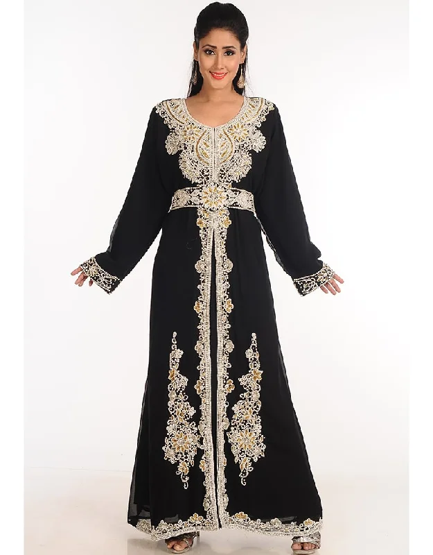 Chic Black Georgette Hand Zari Embroidery Kaftan