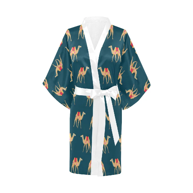 Camel pattern blue blackground Women's Short Kimono Robe