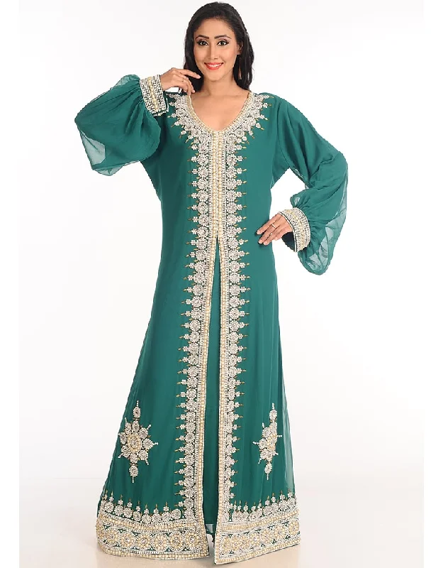 Modern Green Georgette Hand Zari Embroidery Kaftan