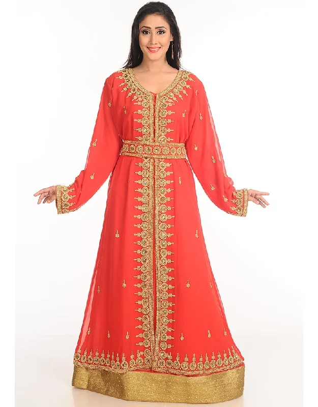 Muslimah Peach Georgette Hand Zari Embroidery Kaftan