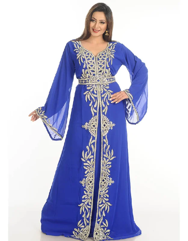 Arabic Royal Blue Georgette Hand Embroidery Party Wear Kaftan