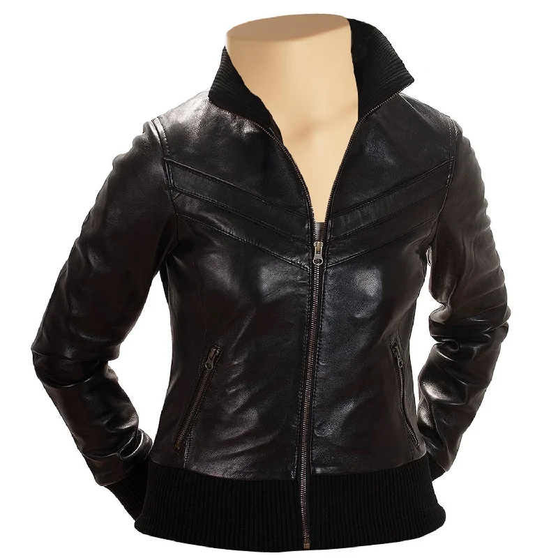 Women’s Adele Black Leather Jacket With Ribbed Collar and Hem