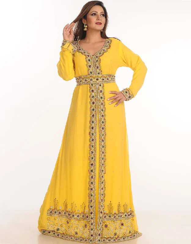 Muslimah Yellow Georgette Hand Embroidery Party Wear Kaftan