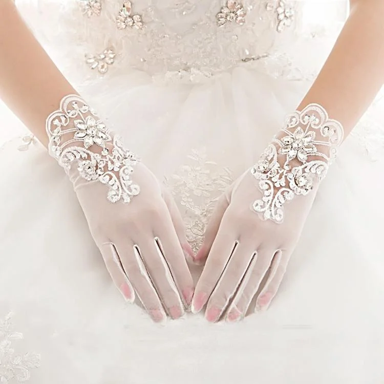 Gorgeous Rhinestones Beading Ivory Finger's Tulle Sequins Short Elastic Gloves