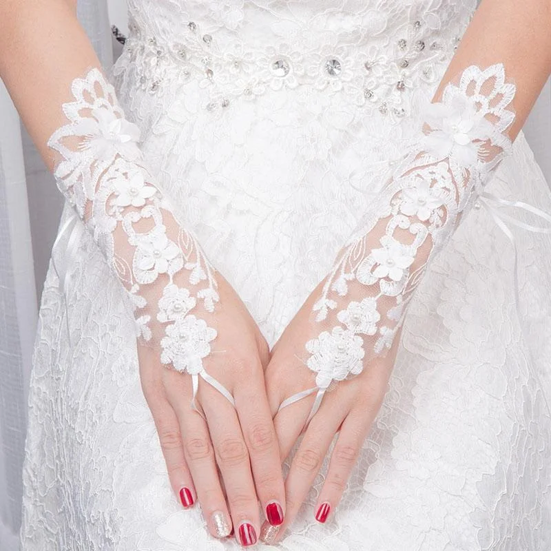 Ivory Fingerless Flowers Ribbon Hollowed Tulle Sequins Short Bridal Gloves