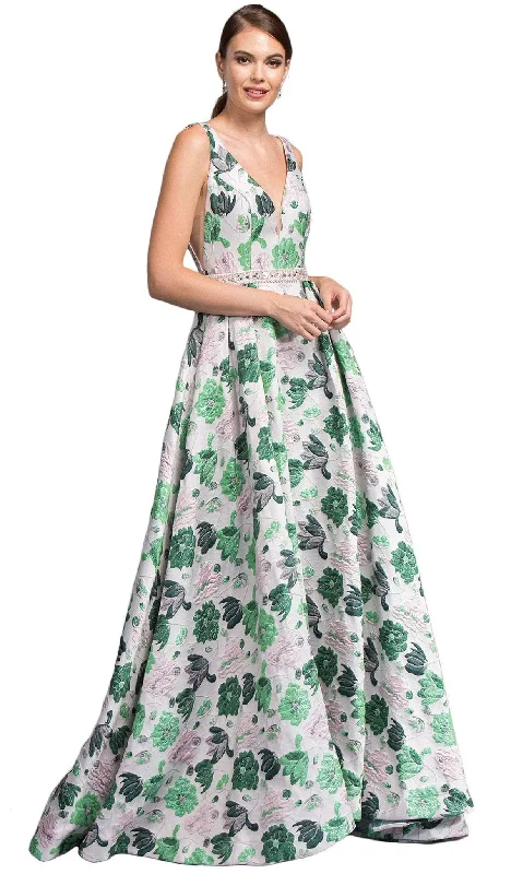 Aspeed Design - Floral Print Deep V-neck A-line Prom Dress