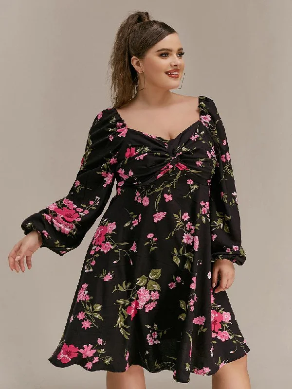 Floral Pleated Puff Sleeve Dress