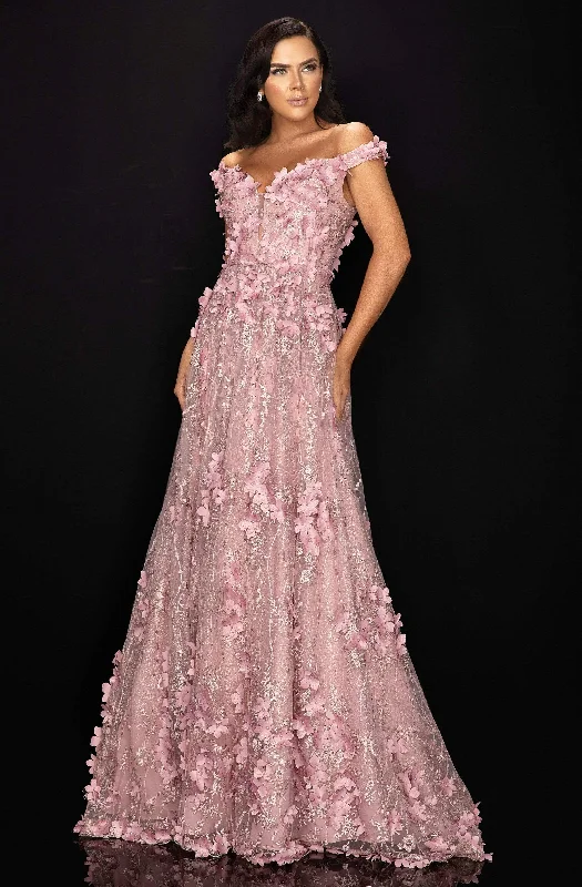 Terani Couture - 2011M2143 Floral Appliqued Off-Shoulder A-Line Dress