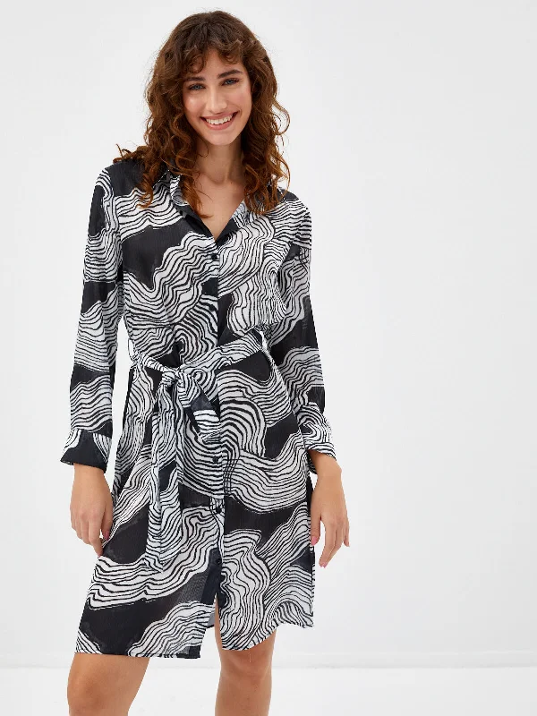 Black Abstract Pattern Long Sleeve Shirt Dress 68288