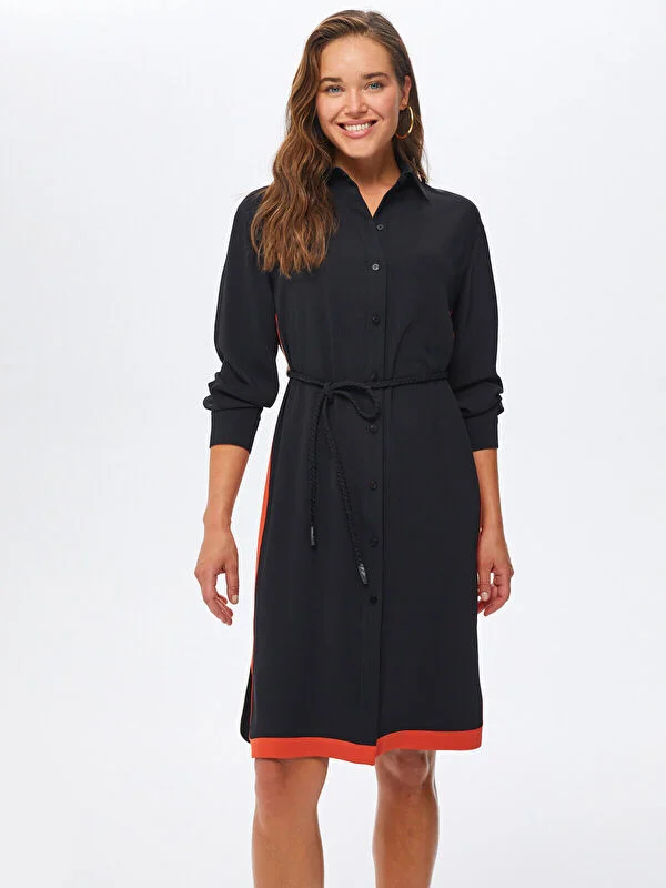 Black Shirt Dress with Contrast Color Detail on Back and Sleeve 67253