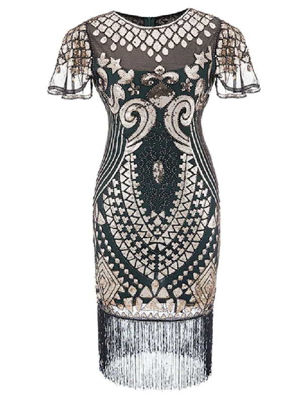 1920S Short Sleeve Fringed Sequin Gatsby Flapper Dress