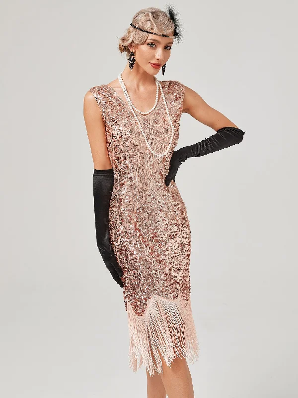 Pink V Neck Sequined Beaded Tassels 1920S Gatsby Dress